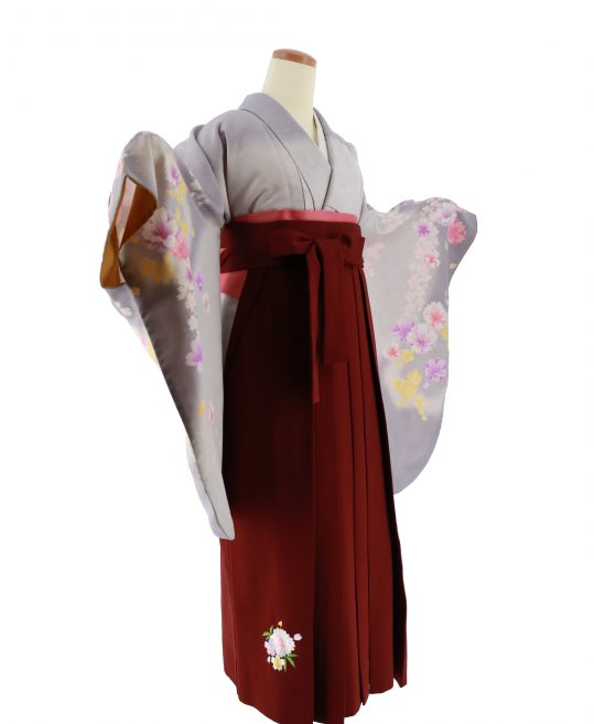 卒業式袴レンタルNo.543[Lサイズ]グレーグラデ・黄紫ピンク八重桜